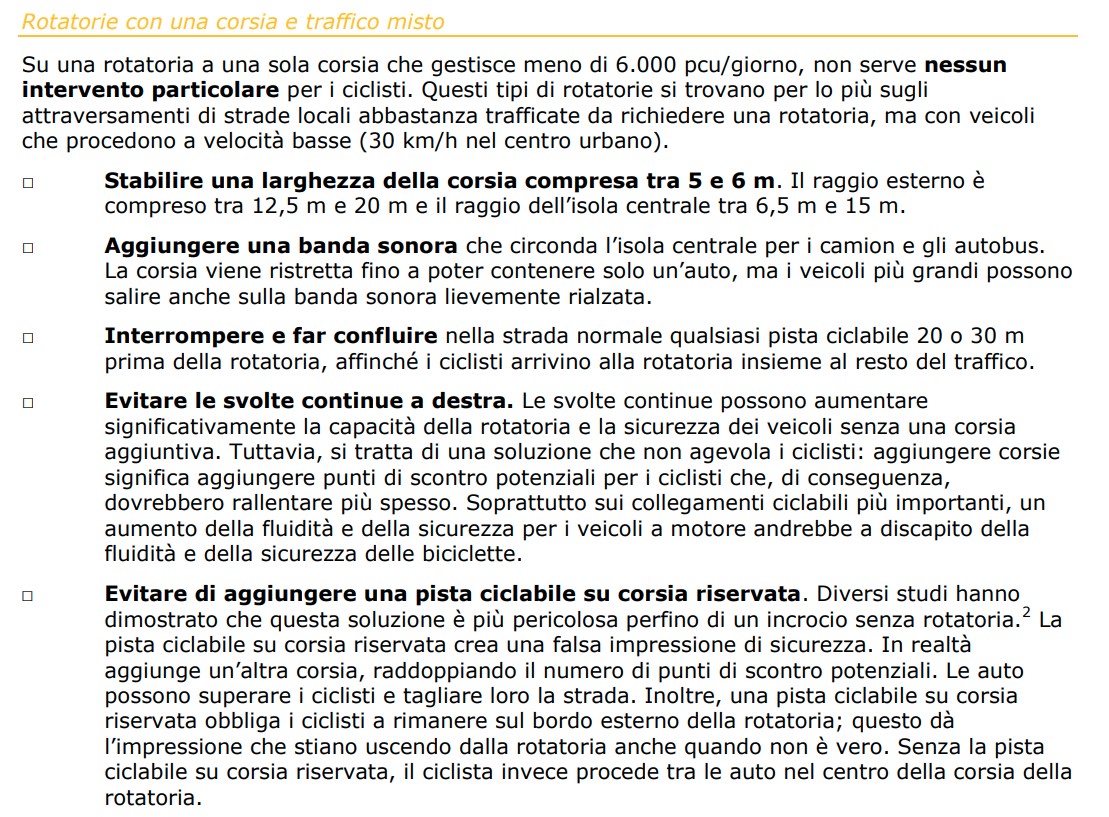 Linee guida ciclabili in rotatoria una corsia traffico misto